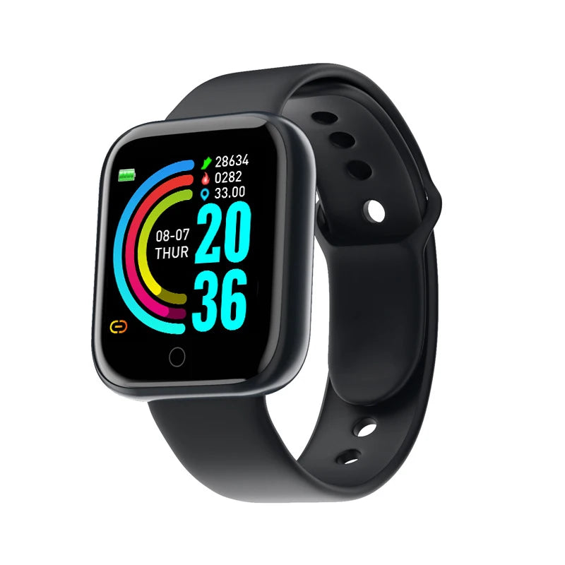 Black multifunctional smart watch with colorful digital fitness and health tracking display, designed for men and women, Bluetooth connected, suitable for sports and daily use, titled Multifunctional Smart Watch Men Women Bluetooth Connected Phone Music Fitness Sports Bracelet Sleep Monitor Y68 Smartwatch D20.