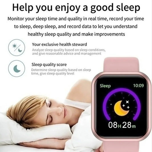 Multifunctional Smart Watch Men Women Bluetooth Connected Phone Music Fitness Sports Bracelet Sleep Monitor Y68 Smartwatch D20 displayed with sleep tracking feature showing 8 hours 28 minutes of sleep alongside a woman peacefully sleeping.