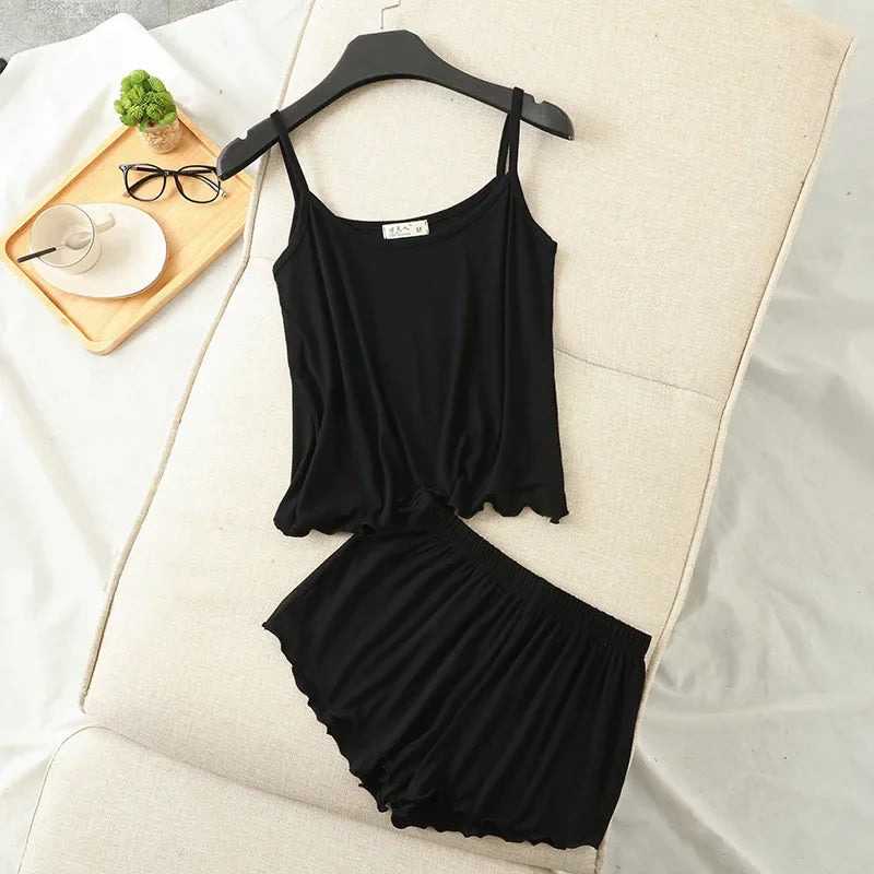 Summer new modal camisole sexy pajamas two-piece set thin loose shorts multicolor large size pajamas set home service womens
