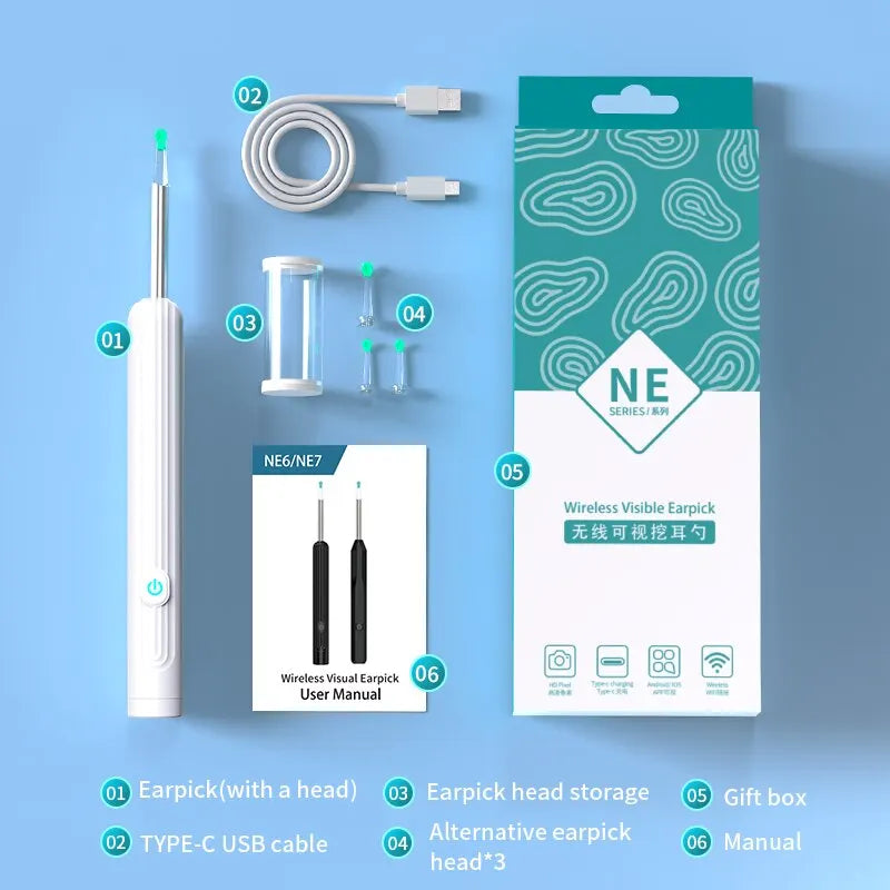 Smart Visual Ear Cleaner with Camera 1296P Ear Sticks USB C Charging Ear Wax Removal Tool WIFI Connection 6 LED Lights Earpick displayed with ear pick device, USB C cable, multiple earpick heads, manual, and gift box on a blue background.