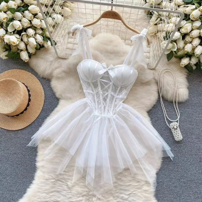 Women Strap Transparent Backless Mini Dress White Lingerie Sexy Sleepwear Senior Sheer Lace Sensual Nightwear Mesh Nightgown