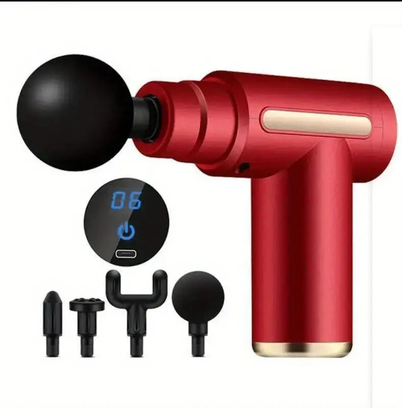 Mini Muscle Massage Gun Protable Body Massager Deep Handheld Percussion Massager For Body Back And Neck Leg in red with digital display and multiple interchangeable massage heads for targeted muscle relief.