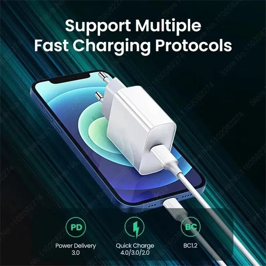 White fast charger plugged into a blue smartphone screen displaying support for multiple fast charging protocols including Power Delivery 3.0, Quick Charge 4.0/3.0/2.0, and BC1.2 with the product title PD 40W Fast Charger For iPhone 14 13 12 11 15 16 Pro Max Phone Charger For iPhone 15 16 Plus USB C Cable Fast Charging Data Line.