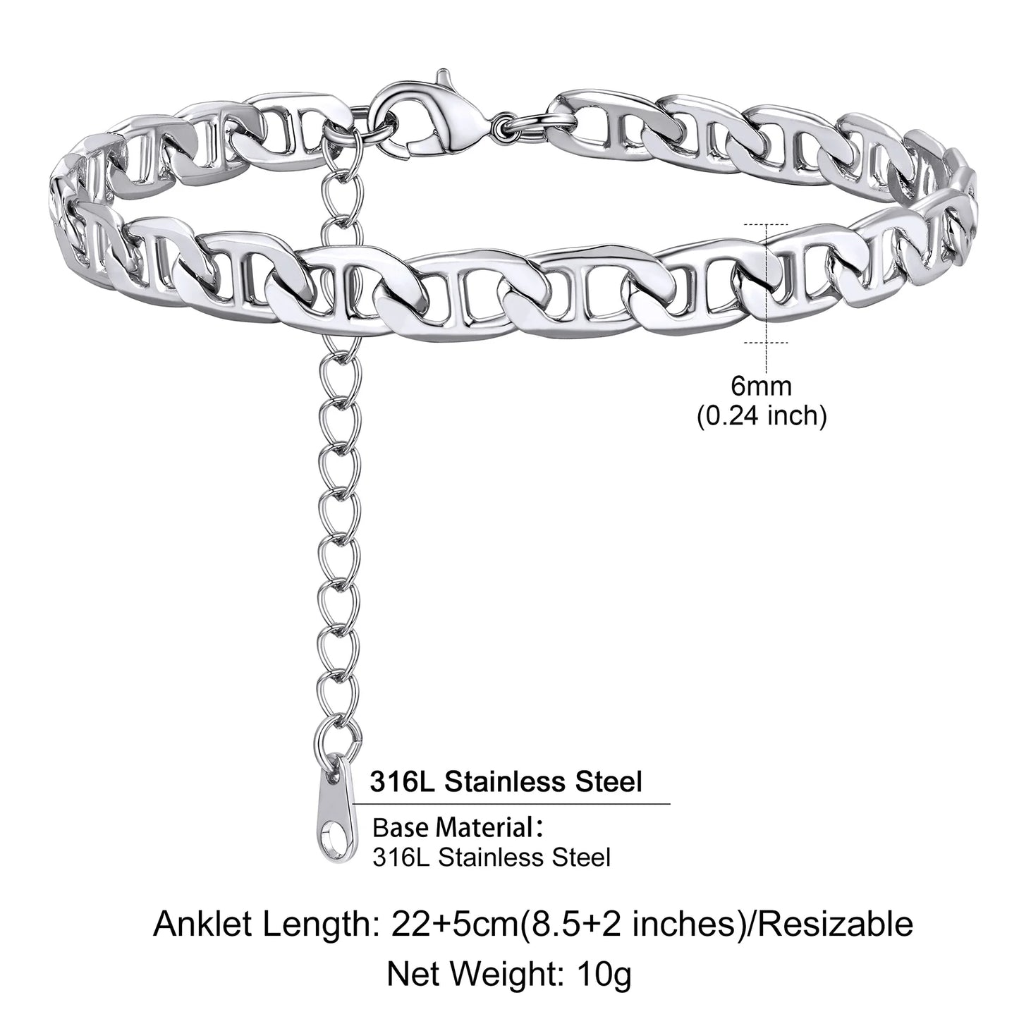 U7 Ankle Bracelets for Women 6mm Flat Curb Cuban Link Snake Figaro Mariner Link Chain Anklets Summer Beach Feet Jewelry Gift