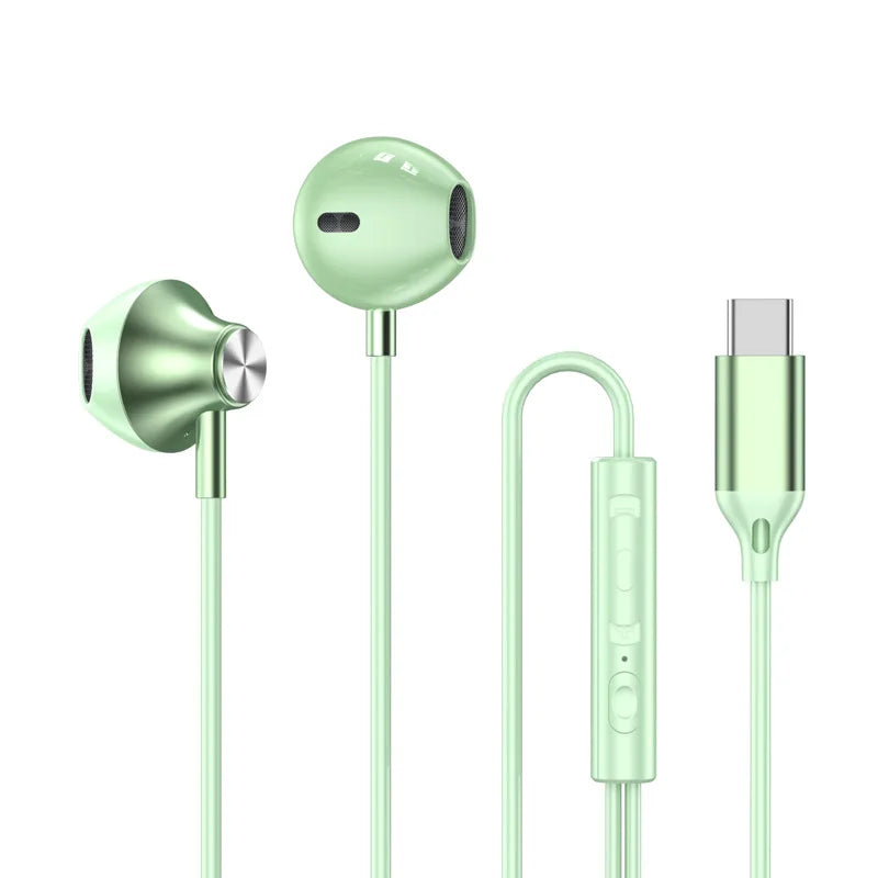 For Samsung Headphones HiFi Surround Sound In-ear USB Type C 3.5mm With wire control Wired Earplugs For Galaxy S24 S23 S22 Ultra in metallic green with inline remote control and USB Type C connector for electronics.