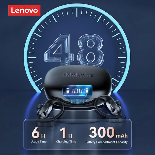 Original Lenovo LP75 TWS Bluetooth V5.3 Headphones Wireless LED Digital Display Earphones Noise Reduction Waterproof Headset New shown with charging case displaying battery level and highlighting 6-hour usage, 1-hour charging, and 300mAh capacity.