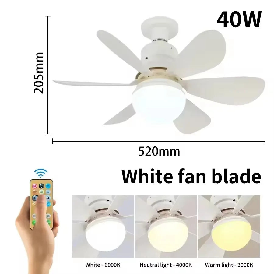 E27 40W 52Cm Ceiling Fan With Led Light Remote Control White For Kitchen Bedroom Dining Room Patio