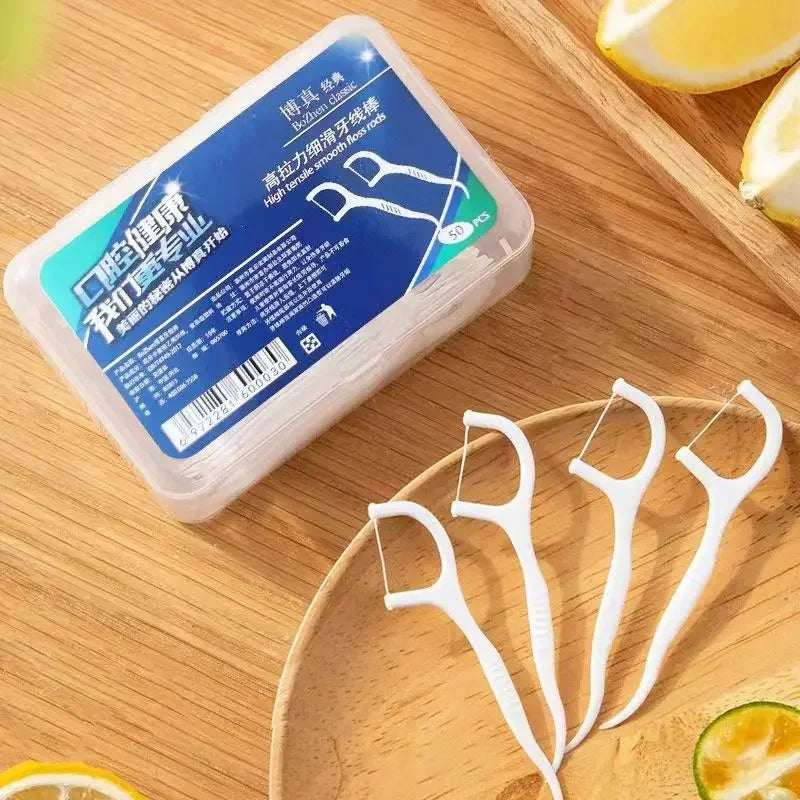 50Pcs/Box Portable Disposable Dental Floss Plastic Toothpick High-tension Dental Floss Stick Dental Floss Box Oral Care 치실 디스펜서
