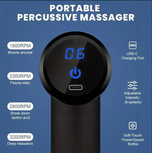 Digital display of Mini Muscle Massage Gun Protable Body Massager Deep Handheld Percussion Massager For Body Back And Neck Leg showing adjustable intensity levels and USB-C charging port features
