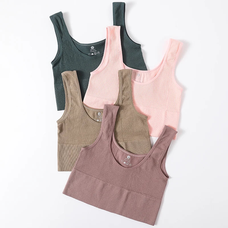 Women Tank Top Ribbed Crop Tops Female Seamless Underwear Wireless Bras Sexy Lingerie Girls Fitness Camis O-neck Sports Camisole