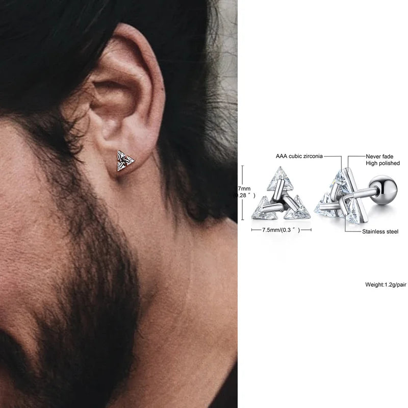 Men Stud Earring,Triangle Pierced Crystal Zircon Stud Earrings,Stainless Steel Tiny Minimalist Studs for Mens Women Jewelry