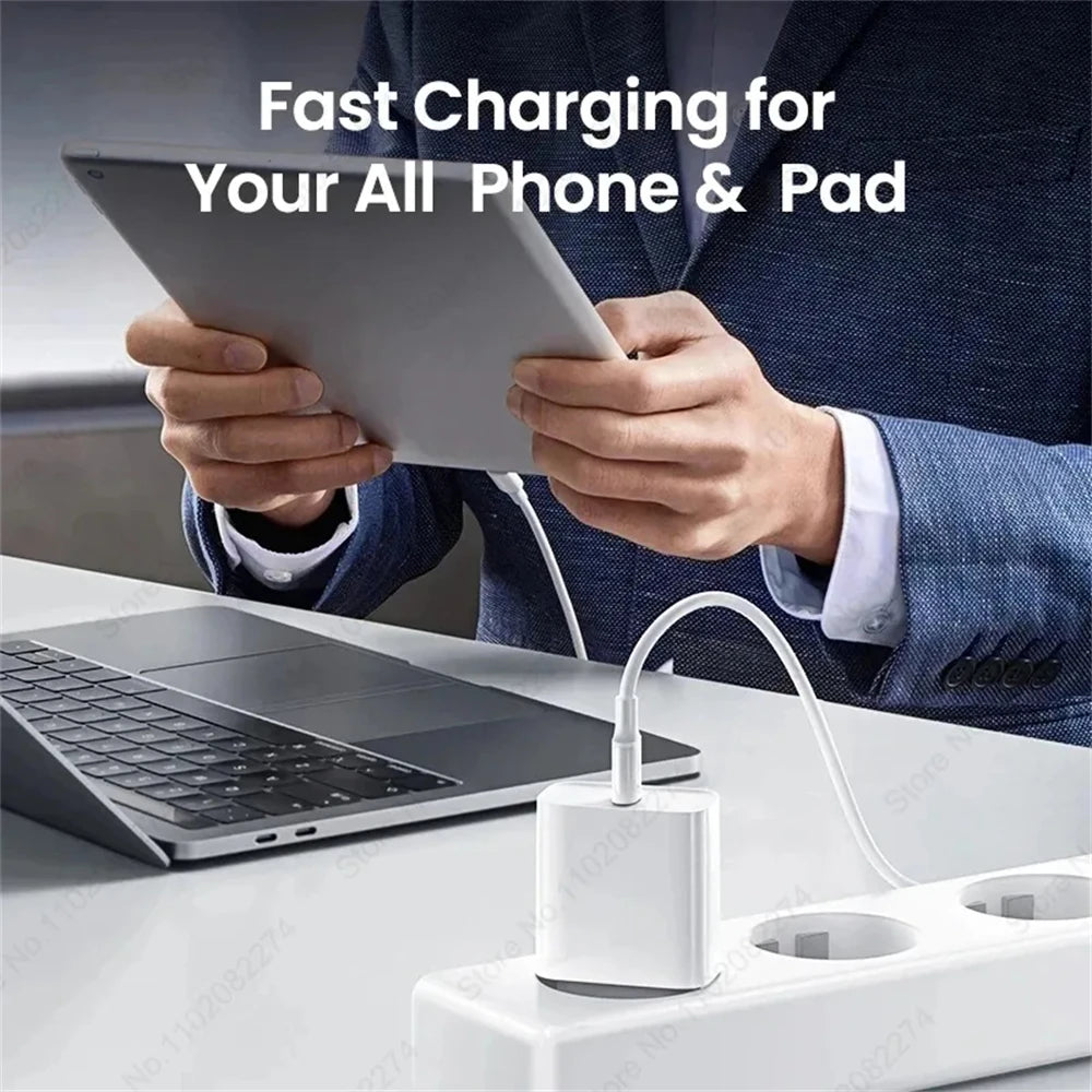 Person holding a tablet connected to a white charger and cable plugged into a power strip with text fast charging for your all phone & pad, featuring PD 40W Fast Charger For iPhone 14 13 12 11 15 16 Pro Max Phone Charger For iPhone 15 16 Plus USB C Cable Fast Charging Data Line.