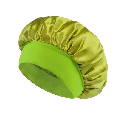 Women Satin Bonnet Hair Bonnet for Sleeping Hair Care Silk Bonnets Solid Wide-brimmed Sleeping Hat with Elastic Soft Band in shiny green satin with a soft elastic band for comfortable hair protection.