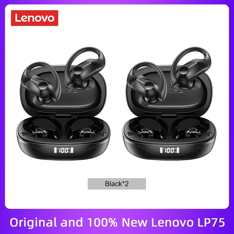 Original Lenovo LP75 TWS Bluetooth V5.3 Headphones Wireless LED Digital Display Earphones Noise Reduction Waterproof Headset New shown in black with two charging cases and earbuds visible.