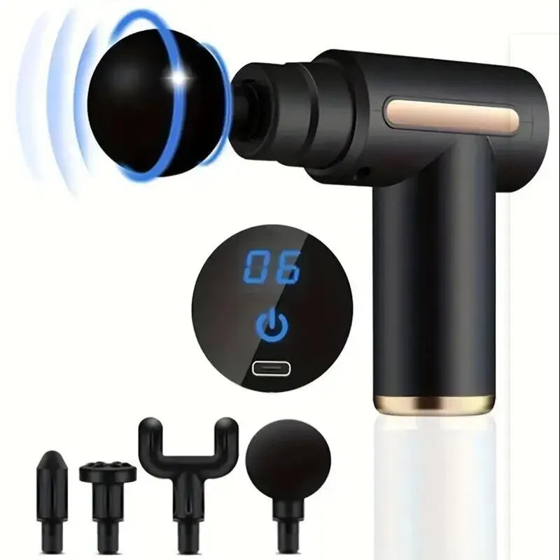 Black Mini Muscle Massage Gun Protable Body Massager Deep Handheld Percussion Massager For Body Back And Neck Leg with digital display and multiple massage heads for targeted relief.