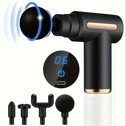 Black Mini Muscle Massage Gun Protable Body Massager Deep Handheld Percussion Massager For Body Back And Neck Leg with digital display and multiple massage heads for targeted relief.