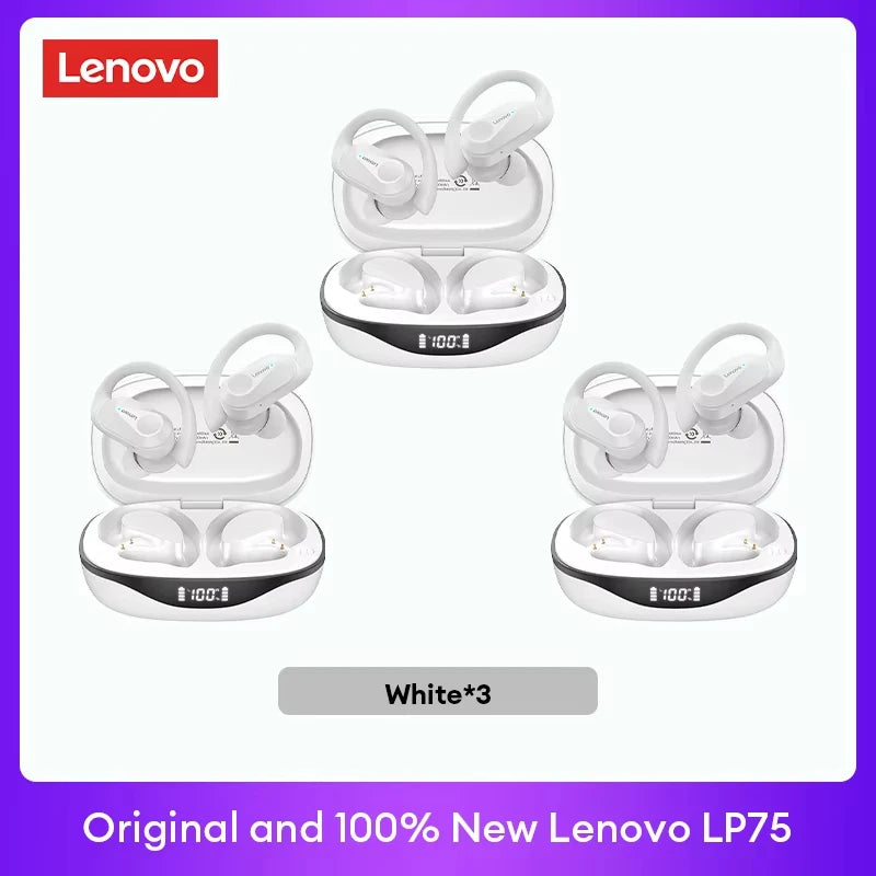 Original Lenovo LP75 TWS Bluetooth V5.3 Headphones Wireless LED Digital Display Earphones Noise Reduction Waterproof Headset New in white color with charging case displayed from multiple angles.