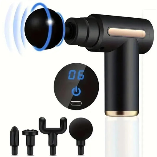 Mini Muscle Massage Gun Protable Body Massager Deep Handheld Percussion Massager For Body Back And Neck Leg in black with five interchangeable massage heads and digital display for intensity settings.