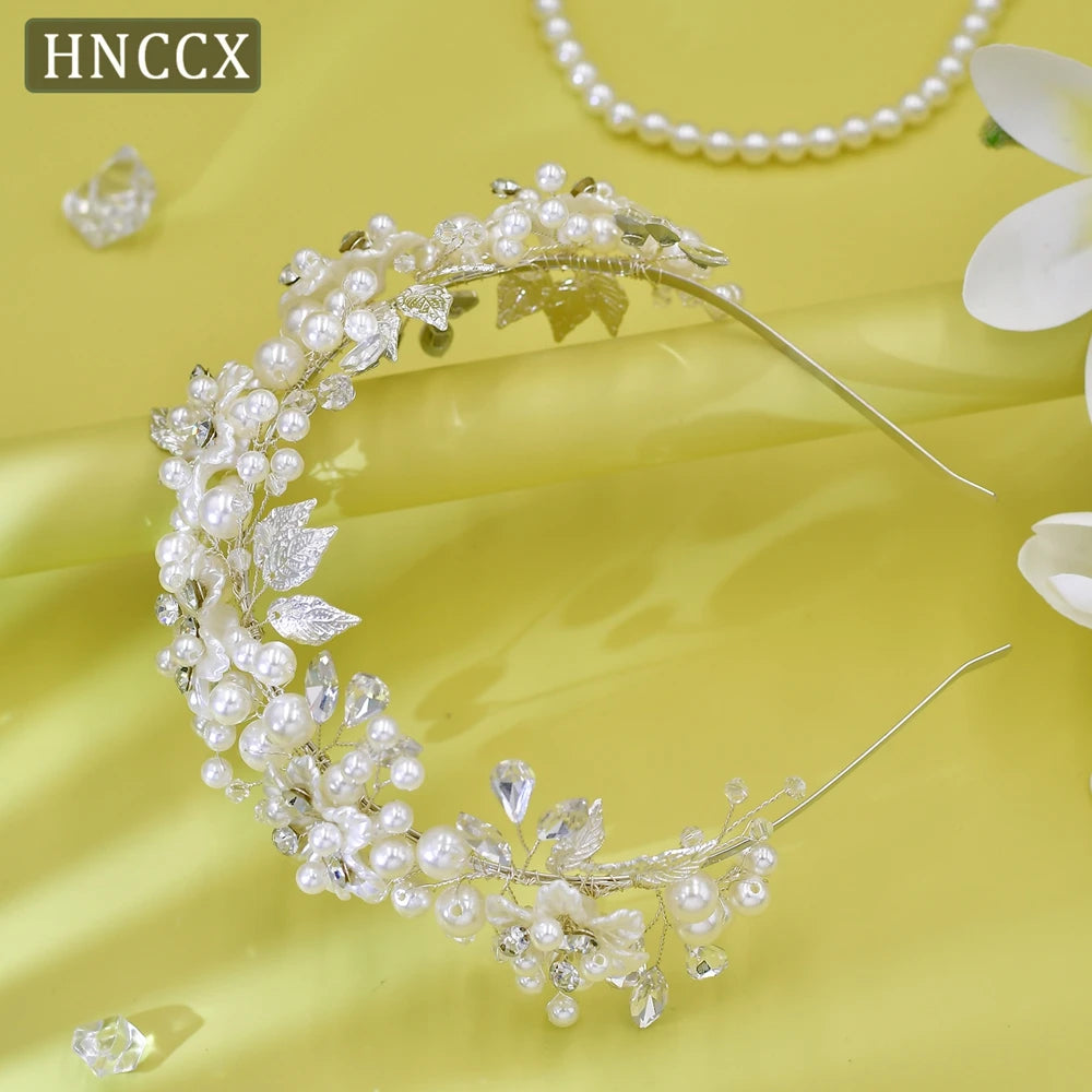 HNCCX Silver Color Alloy Leaves Hair Accessories For Elegant Girls Bride Wedding Hair Jewelry Pearl Headpieces Gift CP603