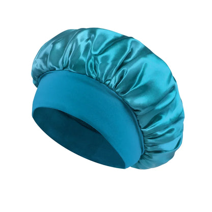 Blue satin bonnet designed for hair protection, featuring an elastic soft band, showcasing the Women Satin Bonnet Hair Bonnet for Sleeping Hair Care Silk Bonnets Solid Wide-brimmed Sleeping Hat with Elastic Soft Band.