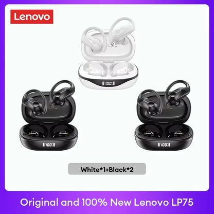 Original Lenovo LP75 TWS Bluetooth V5.3 Headphones Wireless LED Digital Display Earphones Noise Reduction Waterproof Headset New shown in black and white cases with LED display on charging case.