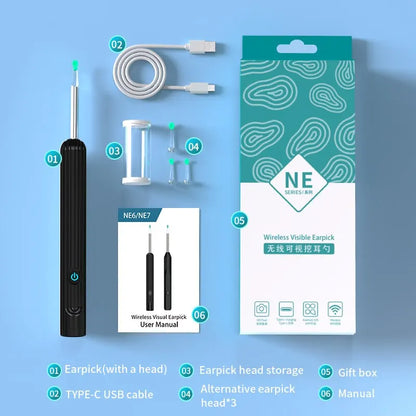 Smart Visual Ear Cleaner with Camera 1296P Ear Sticks USB C Charging Ear Wax Removal Tool WIFI Connection 6 LED Lights Earpick displayed with ear pick device, USB C cable, storage container, alternative ear pick heads, user manual, and gift box on blue background.