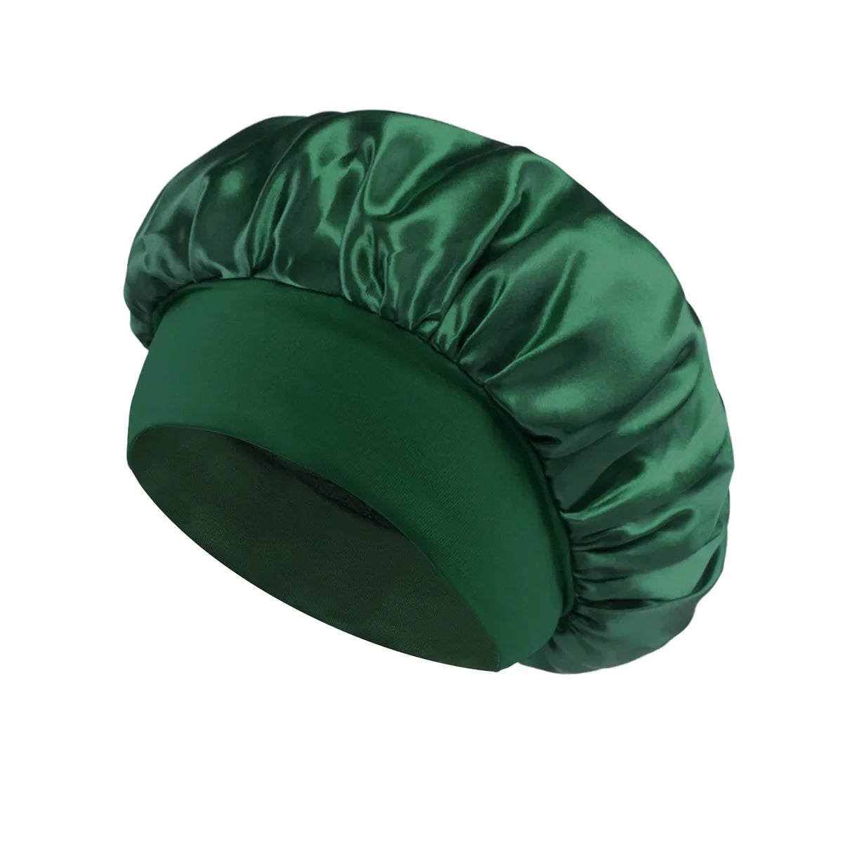 Women Satin Bonnet Hair Bonnet for Sleeping Hair Care Silk Bonnets Solid Wide-brimmed Sleeping Hat with Elastic Soft Band in dark green satin for gentle hair protection during sleep.