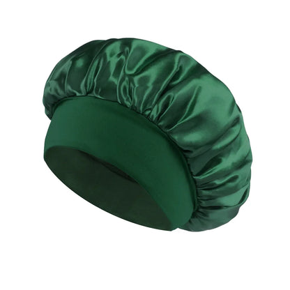 Women Satin Bonnet Hair Bonnet for Sleeping Hair Care Silk Bonnets Solid Wide-brimmed Sleeping Hat with Elastic Soft Band in dark green satin for gentle hair protection during sleep.