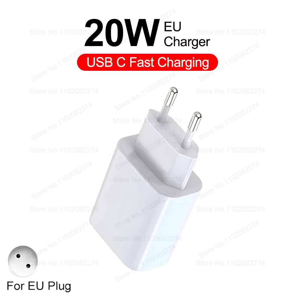 PD 40W Fast Charger For iPhone 14 13 12 11 15 16 Pro Max Phone Charger For iPhone 15 16 Plus USB C Cable Fast Charging Data Line showing a white 20W EU plug charger designed for fast USB C charging.