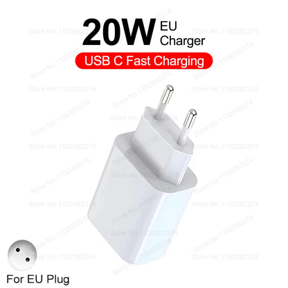 PD 40W Fast Charger For iPhone 14 13 12 11 15 16 Pro Max Phone Charger For iPhone 15 16 Plus USB C Cable Fast Charging Data Line showing a white 20W EU plug charger designed for fast USB C charging.
