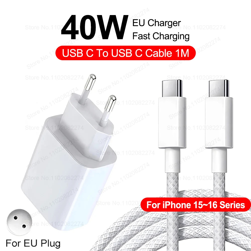 PD 40W Fast Charger For iPhone 14 13 12 11 15 16 Pro Max Phone Charger For iPhone 15 16 Plus USB C Cable Fast Charging Data Line with EU plug and 1-meter USB C to USB C cable for fast charging electronics.