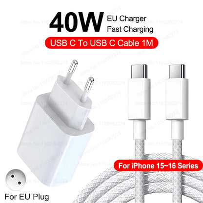 PD 40W Fast Charger For iPhone 14 13 12 11 15 16 Pro Max Phone Charger For iPhone 15 16 Plus USB C Cable Fast Charging Data Line with EU plug and 1-meter USB C to USB C cable for fast charging electronics.