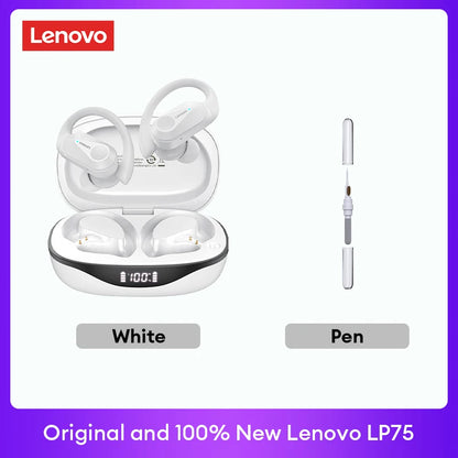 Original Lenovo LP75 TWS Bluetooth V5.3 Headphones Wireless LED Digital Display Earphones Noise Reduction Waterproof Headset New shown in white with charging case and pen for size comparison