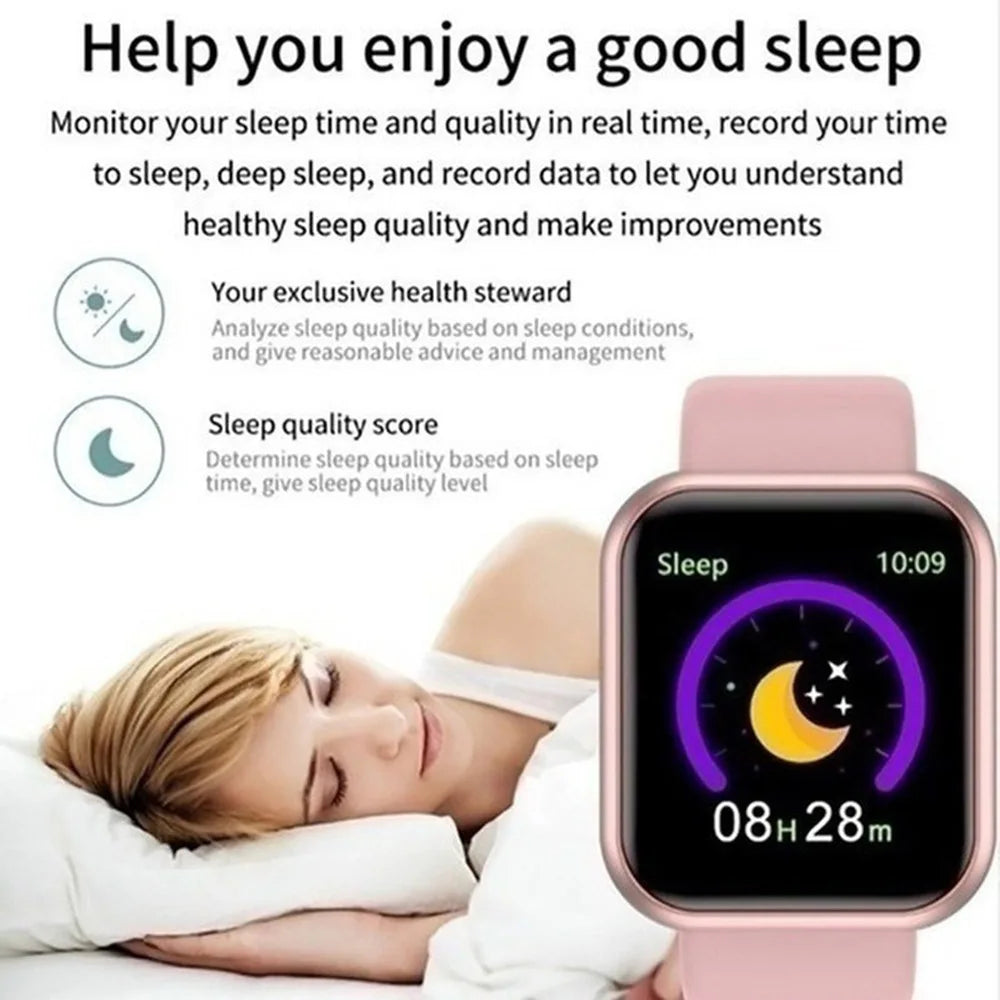 Multifunctional Smart Watch Men Women Bluetooth Connected Phone Music Fitness Sports Bracelet Sleep Monitor Y68 Smartwatch D20 displayed with sleep tracking feature showing 8 hours 28 minutes of sleep alongside a woman peacefully sleeping.