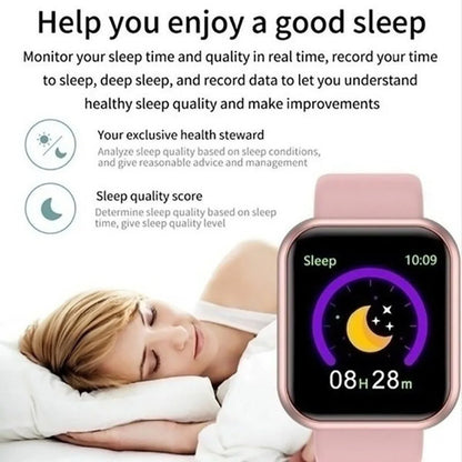 Multifunctional Smart Watch Men Women Bluetooth Connected Phone Music Fitness Sports Bracelet Sleep Monitor Y68 Smartwatch D20 displayed with sleep tracking feature showing 8 hours 28 minutes of sleep alongside a woman peacefully sleeping.