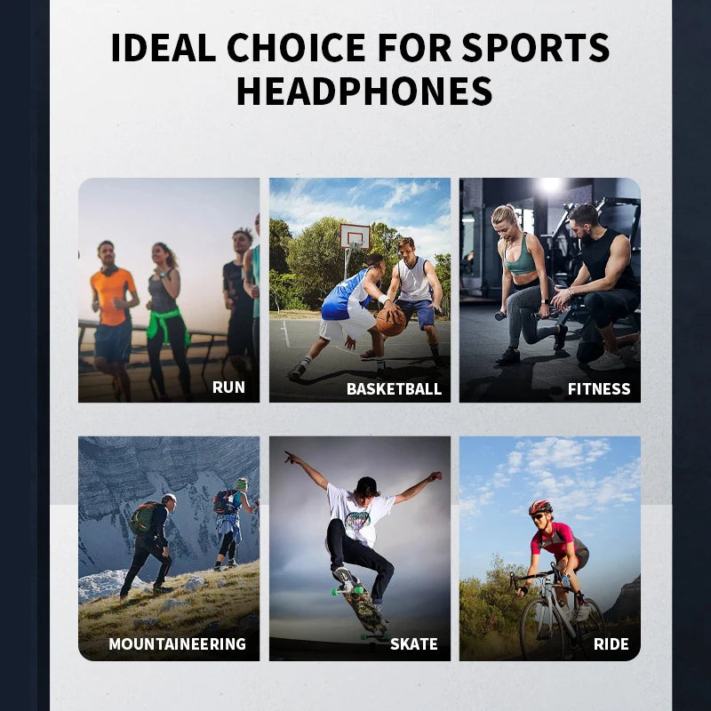 Collage showing various sports activities including running, basketball, fitness, mountaineering, skateboarding, and cycling, promoting Xiaomi Mijia Bone Conduction Earphones Bluetooth 5.3 Sports Wireless Headphones Ear Hook Waterproof Headset for Running Driving as ideal for active use.