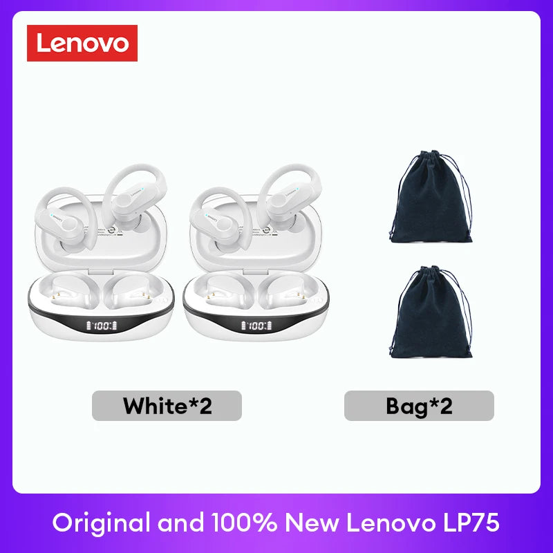 Original Lenovo LP75 TWS Bluetooth V5.3 Headphones Wireless LED Digital Display Earphones Noise Reduction Waterproof Headset New in white with two carrying bags displayed.