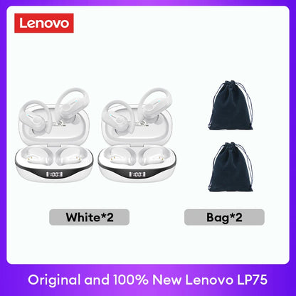 Original Lenovo LP75 TWS Bluetooth V5.3 Headphones Wireless LED Digital Display Earphones Noise Reduction Waterproof Headset New in white with two carrying bags displayed.