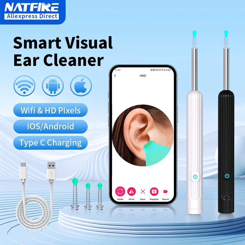 Smart Visual Ear Cleaner with Camera 1296P Ear Sticks USB C Charging Ear Wax Removal Tool WIFI Connection 6 LED Lights Earpick shown with white and black units, USB C cable, interchangeable tips, and a smartphone displaying ear canal view.