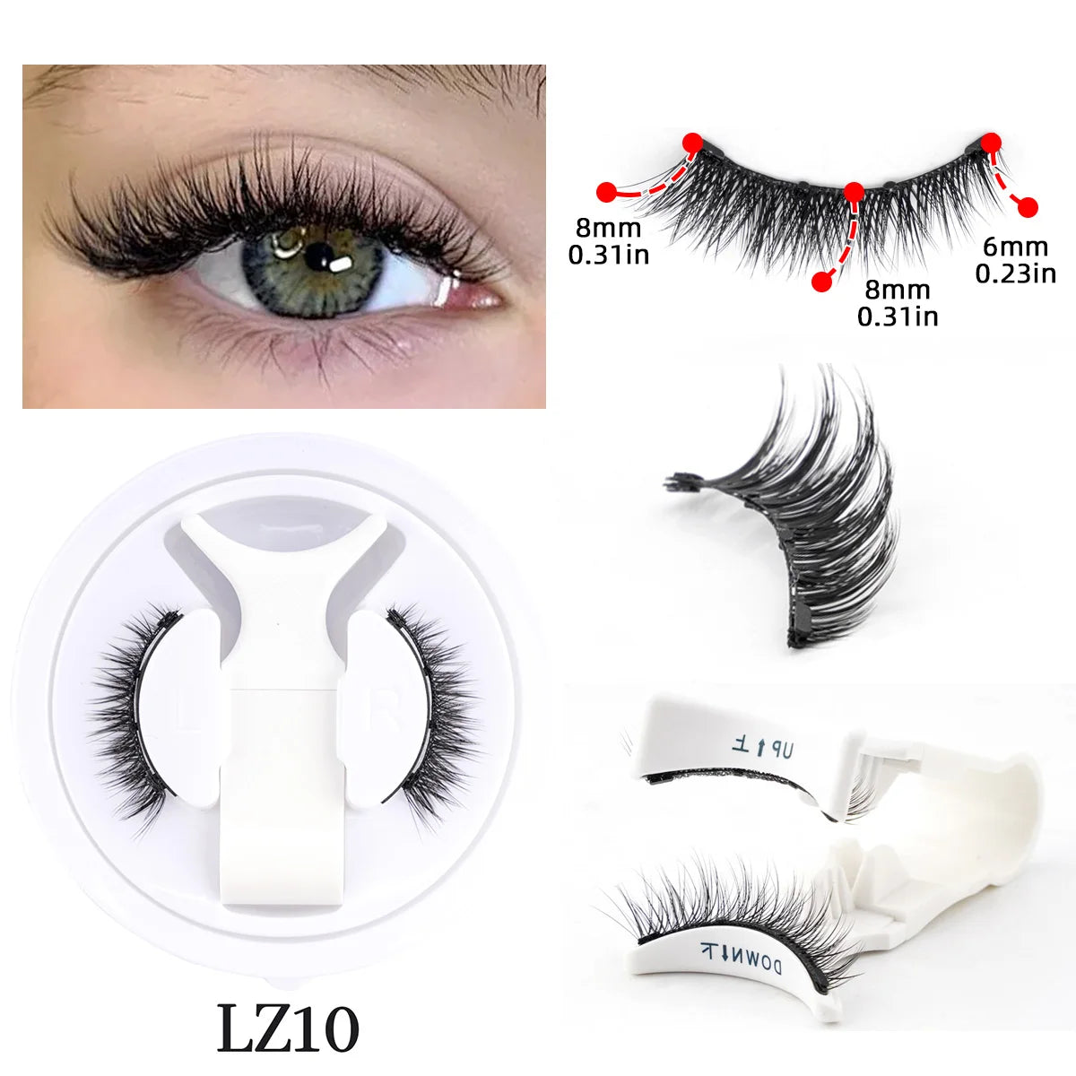 Close-up of an eye wearing Hot 1 Pair Magnetic Eyelashes Handmade Fluffy Faux Mink Lashes Reusable Natural False Eyelashes and Magnetic Tweezers Set Makeup with detailed lash length measurements and magnetic tweezers shown separately.