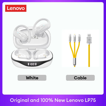 Original Lenovo LP75 TWS Bluetooth V5.3 Headphones Wireless LED Digital Display Earphones Noise Reduction Waterproof Headset New in white with charging case and yellow multi-connector cable