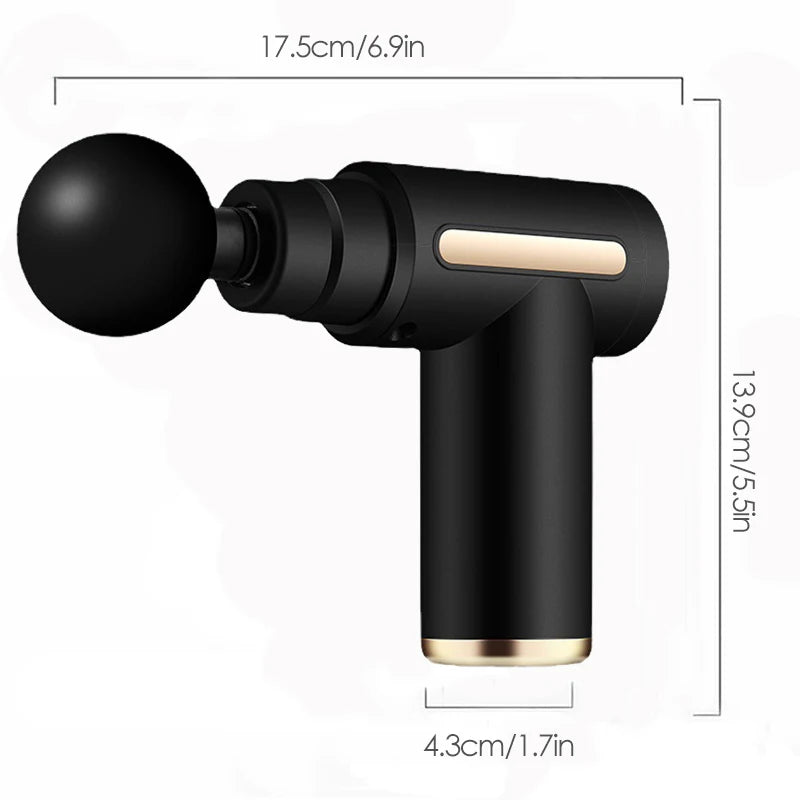 Black handheld percussion massager with round massage head and gold accent, sized 17.5cm by 13.9cm, Mini Muscle Massage Gun Protable Body Massager Deep Handheld Percussion Massager For Body Back And Neck Leg.