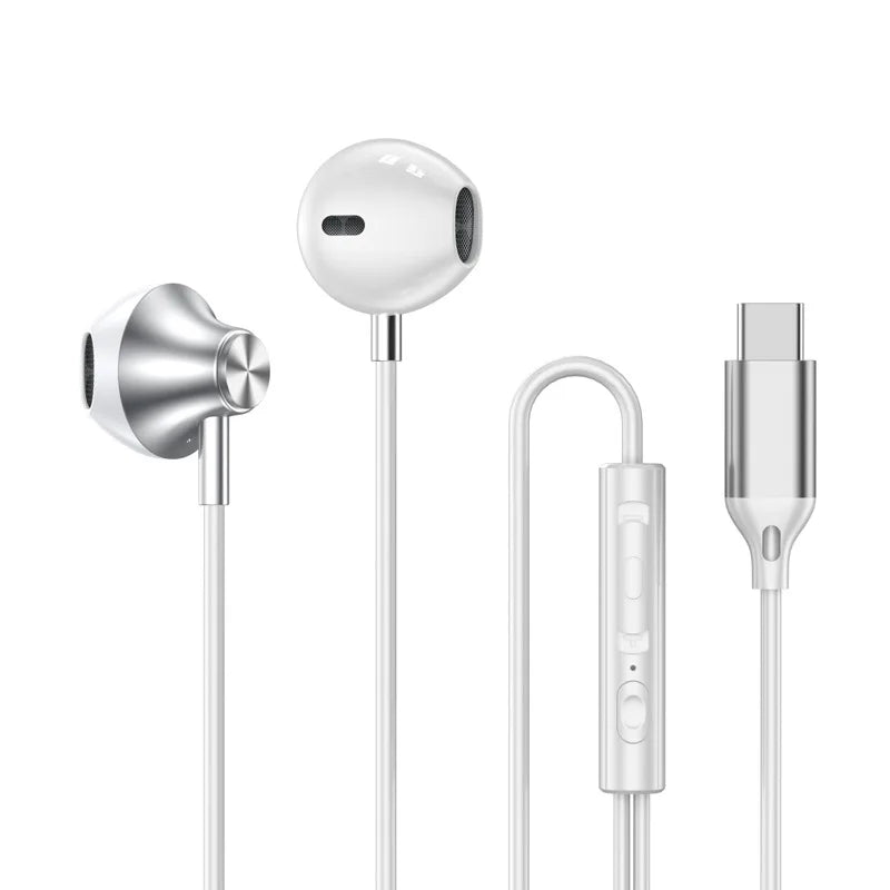 For Samsung Headphones HiFi Surround Sound In-ear USB Type C 3.5mm With wire control Wired Earplugs For Galaxy S24 S23 S22 Ultra in white with metal accents and inline control buttons