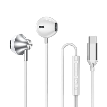 For Samsung Headphones HiFi Surround Sound In-ear USB Type C 3.5mm With wire control Wired Earplugs For Galaxy S24 S23 S22 Ultra in white with metal accents and inline control buttons