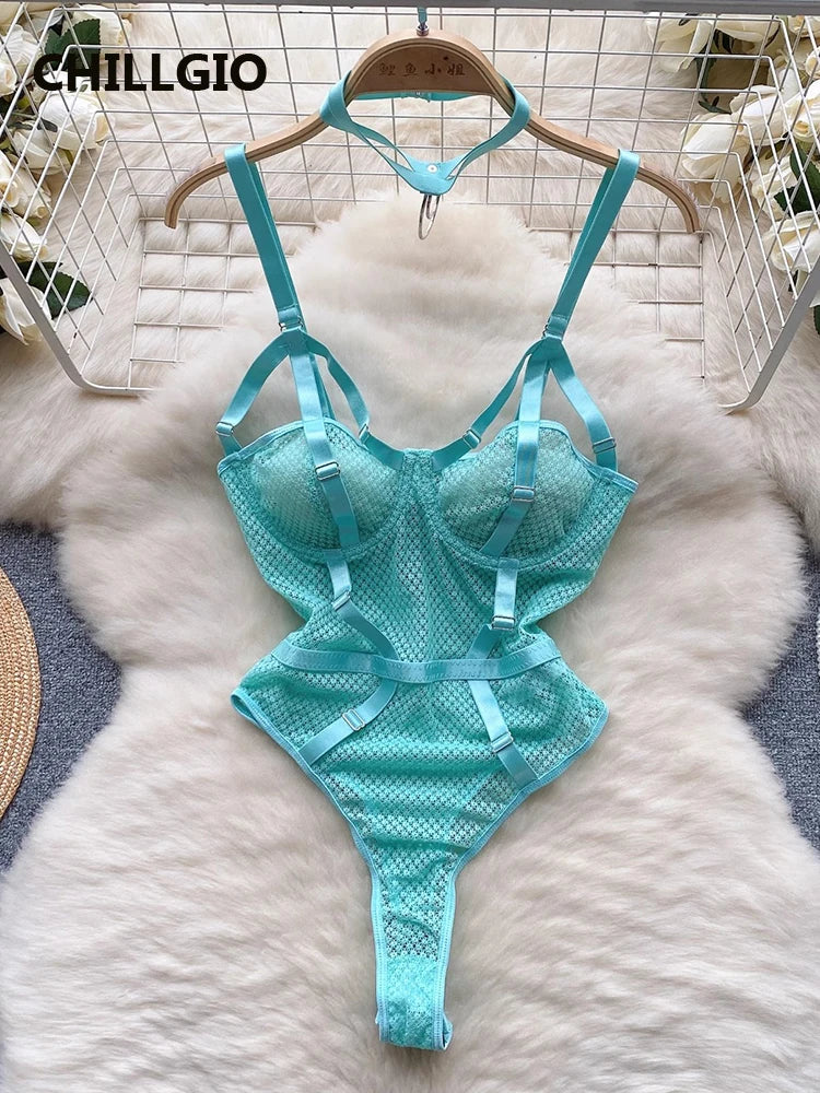 CHILLGIO Women Sexy Erotic Lace Strappy Rompers Lingerie Fashion Elastic Slim Bodysuits Solid Catsuits One Piece Tight Onesie
