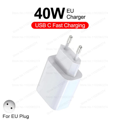 PD 40W Fast Charger For iPhone 14 13 12 11 15 16 Pro Max Phone Charger For iPhone 15 16 Plus USB C Cable Fast Charging Data Line with white EU plug and USB C fast charging support.