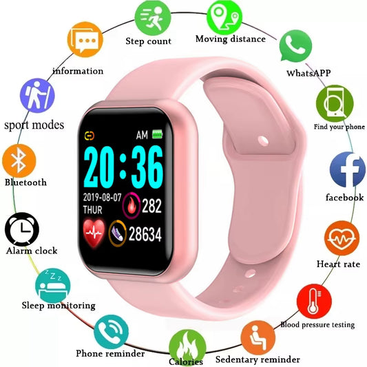 Pink multifunctional smart watch with a digital display showing time, date, heart rate, and steps surrounded by icons representing features like Bluetooth, sport modes, sleep monitoring, phone reminder, and social app connectivity, described as Multifunctional Smart Watch Men Women Bluetooth Connected Phone Music Fitness Sports Bracelet Sleep Monitor Y68 Smartwatch D20.
