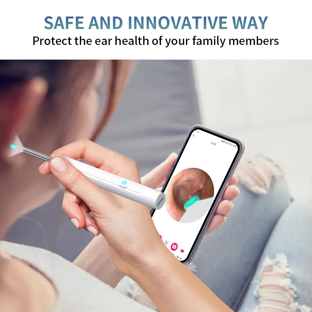 Person using the Smart Visual Ear Cleaner with Camera 1296P Ear Sticks USB C Charging Ear Wax Removal Tool WIFI Connection 6 LED Lights Earpick showing the live ear canal view on a smartphone screen.
