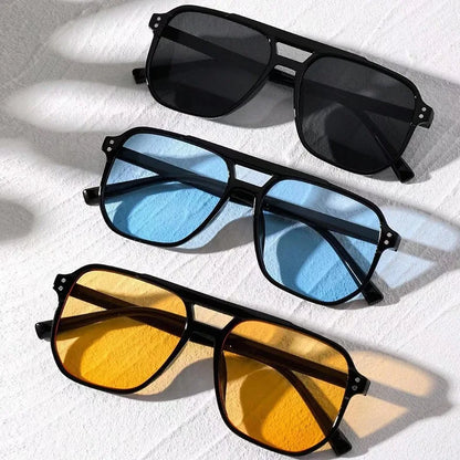 Three pairs of Vintage Men Women Big Sunglasses Men Square Shades Brand Designer Unisex Sun Glasses Black Lense Male Female Sunglasses UV400 with black, blue, and amber lenses on a white textured surface.