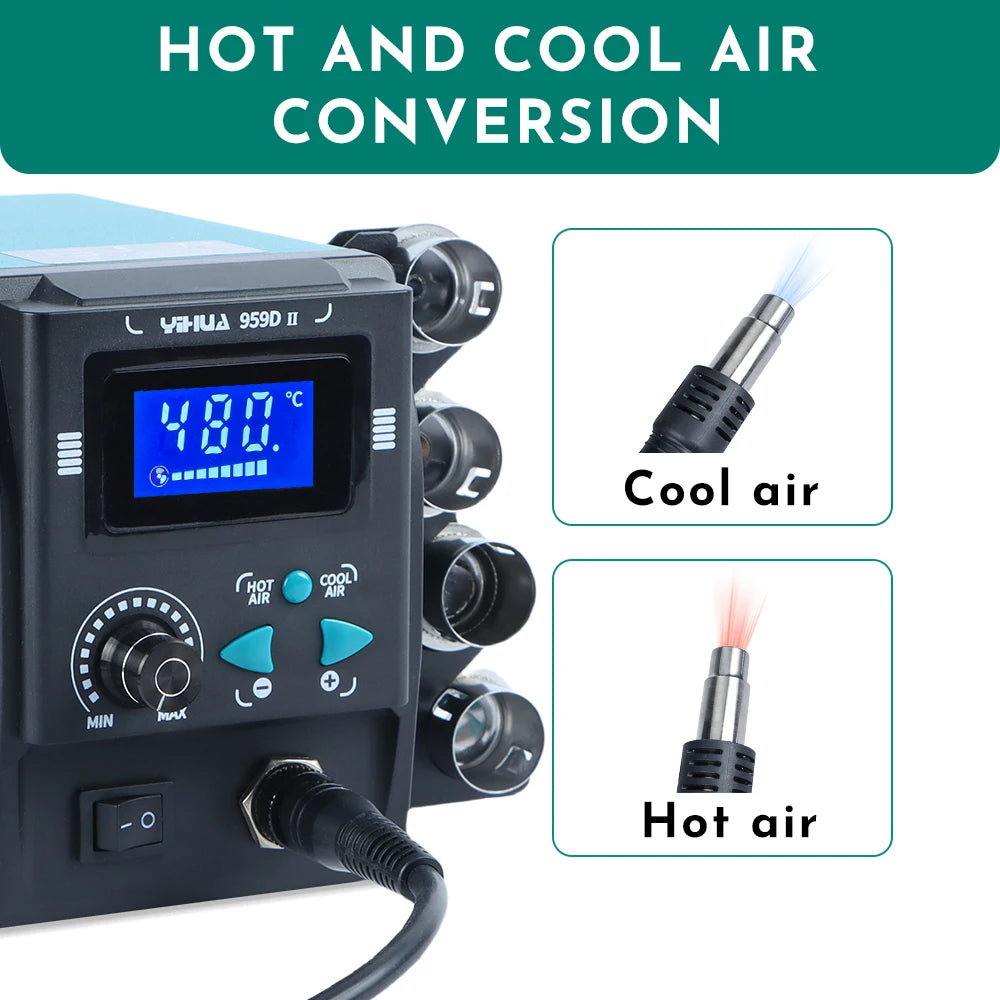 YIHUA 959D-II 700W Rework Station with Easy Plug-pull Nozzles Hot Air Gun Welding Station Digital Temperature Calibration